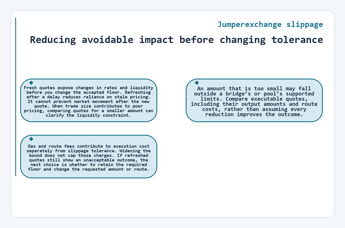 Visual outline: Jumperexchange slippage - Reducing avoidable impact before changing tolerance